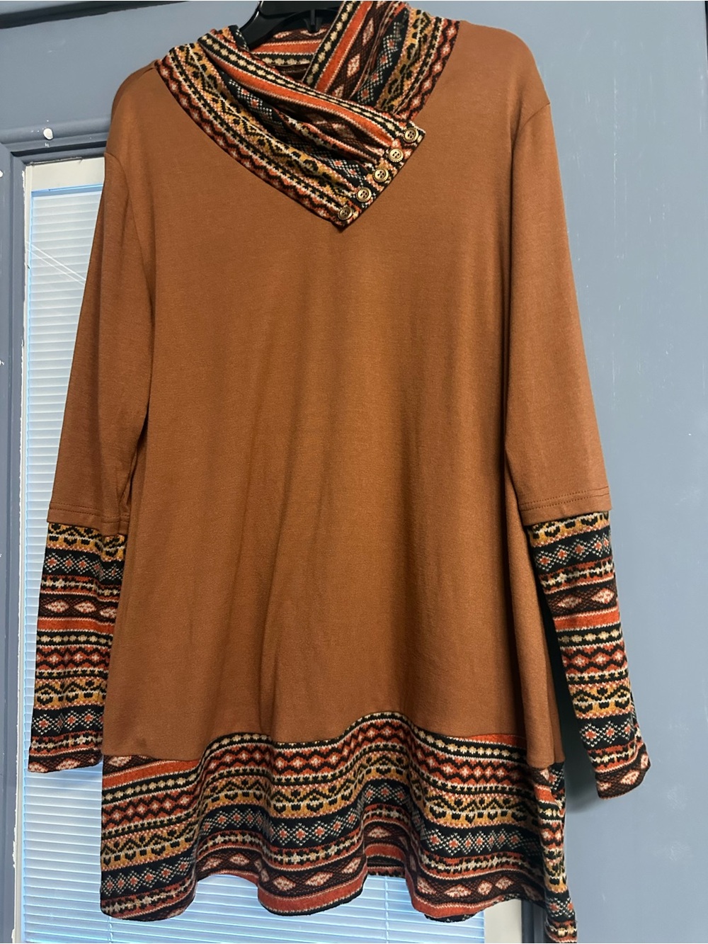 Rust Brown Long Sleeve Tunic with Patterned Trim